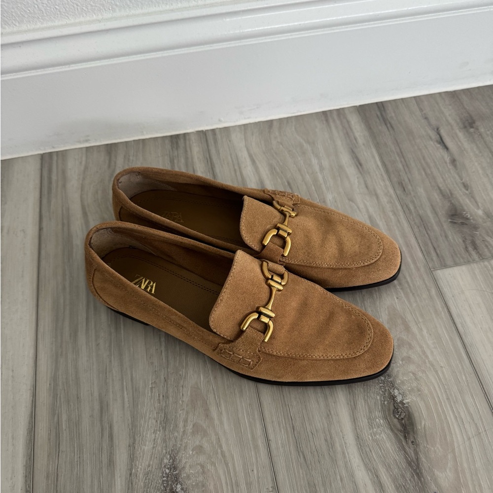 Zara Tan Suede Loafers with Gold Horsebit